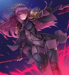  dual_wielding eyelashes fate/grand_order fate_(series) gae_bolg holding navel ohland polearm purple_hair red_eyes scathach_(fate)_(all) scathach_(fate/grand_order) see-through shoulder_armor skin_tight skindentation solo spaulders spear standing standing_on_one_leg thighhighs tsurime veil weapon 