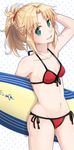  1girl bare_shoulders bikini blonde_hair blue_eyes braid breasts fate/apocrypha fate/grand_order fate_(series) long_hair midriff mordred_(swimsuit_rider)_(fate) navel open_mouth ponytail saber_of_red 