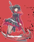  black_hair cape crescent_rose highlights highres iesupa multicolored_hair pantyhose petals red_background red_hair ruby_rose rwby silver_eyes solo 