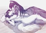  2016 anthro blush breasts butt canine duo eye_contact female female/female fur hand_holding hand_on_hip inkrend inkrend_(character) mammal monochrome simple_background striped_fur stripes white_fur wolf 