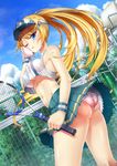  absurdres aqua_skirt armband ass bangs blue_eyes blue_sky breasts chain-link_fence chair cloud commentary_request covered_nipples crop_top crop_top_overhang day dutch_angle fence frilled_panties frills glint hair_ornament hairclip high_ponytail highres kido_airaku long_hair looking_at_viewer looking_back medium_breasts midriff miniskirt moe2017 navel no_bra one_eye_closed original outdoors panties parted_lips perky_breasts pink_panties pleated_skirt ponytail racket shiny shiny_hair shiny_skin skirt sky sleeveless solo sparkle star star_hair_ornament tennis tennis_court tennis_racket towel underboob underwear upskirt visor_cap wiping_face wristband 