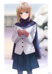  :d ahoge artoria_pendragon_(all) bangs black_legwear blonde_hair blue_eyes blue_scarf blue_skirt blurry blush buttons coat cowboy_shot day depth_of_field eyebrows_visible_through_hair fate/stay_night fate_(series) gloves highres hinoshita_akame holding open_mouth outdoors pantyhose pleated_skirt pocket red_gloves saber scarf short_hair skirt smile snow snow_bunny solo standing teeth white_coat winter winter_clothes winter_coat 