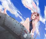  animal_ears barefoot brown_eyes bunny_ears bunny_tail bunnysuit cloud crusader_(tank) cup day detached_collar emblem from_below girls_und_panzer ground_vehicle logo military military_vehicle motor_vehicle open_mouth red_hair rosehip short_hair sitting sky solo st._gloriana's_(emblem) tail tank tea_set teacup teapot wrist_cuffs yumesato_makura 