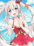  1girl bare_shoulders blue_eyes blush breasts crab fate/grand_order fate_(series) frills grey_hair hair_ornament long_hair marie_antoinette_(fate/grand_order) marie_antoinette_(swimsuit_caster)_(fate) open_mouth ribbon swimsuit twintails water 