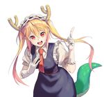  :d blonde_hair dragon_girl dragon_horns dragon_tail gloves highres hj_(leeho830) horns index_finger_raised kobayashi-san_chi_no_maidragon long_hair looking_at_viewer maid maid_headdress open_mouth red_eyes simple_background slit_pupils smile solo tail tooru_(maidragon) white_background white_gloves 