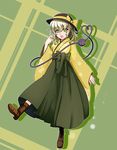  boots commentary_request cross-laced_footwear green_eyes green_hair green_hakama hakama highres itocoh japanese_clothes kimono komeiji_koishi lace-up_boots meiji_schoolgirl_uniform touhou yellow_kimono 