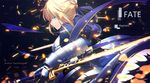  aqua_eyes armor artist_name artoria_pendragon_(all) bangs blonde_hair blue_dress blue_ribbon braid character_name closed_mouth copyright_name dress excalibur fate/stay_night fate_(series) gloves holding holding_sword holding_weapon light_particles magicians_(zhkahogigzkh) profile reverse_grip ribbon saber short_hair solo sparks sword weapon 
