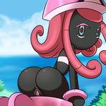  1girl anus ass back black_skin blue_eyes day from_behind hat highres kneeling legendary_pokemon long_hair looking_back no_humans no_mouth outside pink_hair pokemon pokemon_(creature) pokemon_(game) pussy sky solo tapu_lele tubetop uncensored 