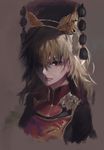  asuzemu black_dress black_hat blonde_hair chinese_clothes closed_mouth dress expressionless grey_background hair_over_one_eye hat headdress junko_(touhou) light lips long_hair long_sleeves messy_hair red_eyes reflective_eyes simple_background solo tabard tassel touhou upper_body 