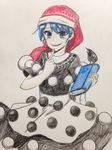  bangs blue_eyes blue_hair blush book commentary_request cowboy_shot doremy_sweet efukei eyebrows_visible_through_hair finger_to_mouth hand_up hat holding holding_book looking_at_viewer nightcap open_mouth pom_pom_(clothes) red_hat short_sleeves smile smirk solo tail tapir_tail touhou traditional_media 