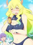  1boy 1girl ;o age_difference beach bikini black_bikini blonde_hair blush breasts cleavage cleavage_cutout cloud day dragon_girl dragon_horns girl_on_top gradient_hair heterochromia highres kobayashi-san_chi_no_maidragon large_breasts long_hair looking_at_viewer lotion lying magatsuchi_shouta midriff navel one_eye_closed open_clothes open_mouth outside purple_eyes purple_hair quetzalcoatl_(maidragon) sexually_suggestive sky standing topless wide-eyed 