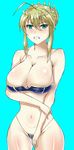  1girl angry artoria_pendragon_lancer_(fate/grand_order) bare_shoulders bikini blonde_hair blue_background blue_eyes blush braid breasts cleavage clenched_teeth crown curvy fate/grand_order fate_(series) hair_bun large_breasts midriff navel open_mouth saber solo wide_hips 