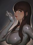  2015 alien1452 artist_name bangs bodysuit breasts brown_hair clothes_writing dated green_eyes highres impossible_bodysuit impossible_clothes large_breasts lips lipstick long_hair looking_to_the_side makeup original shiny shiny_clothes solo taut_clothes upper_body 