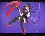  antenna_hair asymmetrical_wings bangs black_dress black_hair black_legwear blush bow bowtie breasts commentary_request dress frills full_body highres holding holding_weapon houjuu_nue letterboxed long_hair looking_at_viewer mary_janes polearm red_bow red_eyes red_footwear red_neckwear shoes short_dress small_breasts snake solo thighhighs touhou trident weapon wings yukina_(masyumaro610) 