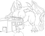  2017 anthro anthrofied big_breasts breasts building claws clothed clothing dragon duo english_text female fenrir_lunaris fire grass hand_on_butt horn house huge_breasts human larger_female male mammal mega_charizard mega_charizard_y mega_evolution membranous_wings monochrome nintendo nude pok&eacute;mon pok&eacute;morph professor_oak scalie signature simple_background size_difference smaller_male text toe_claws video_games white_background wings 