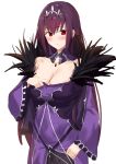  1girl bangs blush breasts cleavage deneb_(noble324) dress eyebrows_visible_through_hair fate/grand_order fate_(series) fur_trim hair_between_eyes large_breasts lifted_by_self long_hair looking_at_viewer open_mouth pulled_by_self purple_dress purple_hair red_eyes scathach_(fate)_(all) scathach_skadi_(fate/grand_order) simple_background sketch skirt skirt_lift solo tiara white_background 