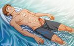 1boy brown_hair cum cum_on_body erection hyakujuu-ou_golion looking_at_viewer lying male_focus muscle naughty_face nipples penis smile solo_focus suiton surfboard tagme topless voltron voltron:_legendary_defender water 