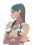  2015 alien1452 black_eyes black_hair breast_hold breasts dated hair_censor hair_over_breasts highres large_breasts long_hair looking_to_the_side nude original parted_lips solo upper_body white_background 