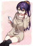  1girl :d bangs black_legwear blush breasts brown_sweater cellphone collarbone earbuds earphones eyebrows_visible_through_hair genderswap genderswap_(mtf) green_eyes hair_between_eyes high_ponytail holding holding_cellphone holding_phone kenmochi_touya long_hair long_sleeves looking_away nijisanji open_mouth phone polka_dot polka_dot_background ponytail purple_hair sleeves_past_wrists small_breasts smile solo sweater thighhighs very_long_hair virtual_youtuber yamabukiiro 