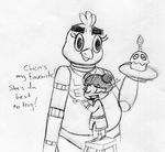  &lt;3 2015 animatronic anthro avian bib bird black_and_white buckteeth candle chica_(fnaf) chicken child dialogue duo english_text eyes_closed female five_nights_at_freddy&#039;s food hug inkyfrog machine monochrome muffin open_mouth open_smile robot simple_background smile stool teeth text traditional_media_(artwork) video_games white_background young 