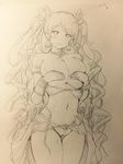  bow breast_hold breasts de_la_fille earrings granblue_fantasy graphite_(medium) hair_bow hair_ribbon highres jewelry large_breasts monochrome naoyama_masaru necklace ribbon topless traditional_media twintails 