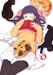  animal ball black_cat black_legwear blue_eyes blush book brown_sweater calico cat cat_day cat_on_lap commentary_request covered_mouth half-closed_eye hands_up hi_iro highres lying on_back one_eye_closed open_book original pantyhose pillow pleated_skirt purple_hair skirt sleepy sleeves_past_wrists solo sweater tabby_cat white_cat white_skirt 