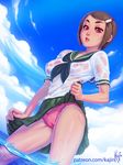  blush breasts brown_hair digimon digimon_adventure_02 kajin_(kajinman) open_mouth school_uniform short_hair solo water wet yagami_hikari 