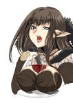  1girl assassin_of_red bare_shoulders between_breasts black_hair blue_eyes breasts choker cleavage detached_sleeves fate/apocrypha fate_(series) frills fur long_hair open_mouth pointy_ears tongue tongue_out wine 