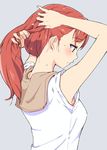  armpits arms_up bangs bare_arms blue_eyes blush bra bra_peek breasts close-up closed_mouth commentary ear eyebrows_visible_through_hair from_side grey_background hand_in_hair hi_iro highres long_hair looking_to_the_side medium_breasts nape original pink_bra ponytail profile red_hair school_uniform serafuku simple_background solo sweat tying_hair underwear upper_body 