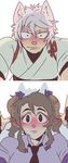  2koma androgynous animal_ears bent_over black_eyes blush brown_hair closed_mouth collared_shirt comic commentary_request ear_blush eyebrows female_pov grey_hair himekaidou_hatate inubashiri_momiji looking_at_viewer lying multiple_girls no_hat no_headwear on_back pointy_ears pov ratenbo red_eyes shadow shirt short_hair short_sleeves silhouette sweat touhou twintails upper_body wing_collar wolf_ears yuri 