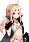  1girl :d absurdres ahoge bangs belt belt_buckle black_cape black_gloves blush buckle cape cape_hold collarbone commentary_request fire_emblem fire_emblem:_kakusei gloves heart high_collar highres karin_(fineyanny) light_brown_hair long_hair looking_at_viewer mamkute navel nintendo nono_(fire_emblem) open_mouth parted_bangs pointy_ears ponytail purple_eyes revealing_clothes round_teeth sidelocks smile solo teeth upper_body upper_teeth very_long_hair white_belt 
