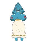  2017 anthro anthrofied bellaria big_breasts blue_body blue_hair breasts bronzong clothed clothing dress eyes_closed featureless_breasts female flare-zen hair hand_on_breast huge_breasts long_hair nintendo pok&eacute;mon pok&eacute;morph red_body simple_background smile solo topless video_games white_background 