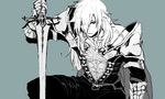  armor balmung_(fate/apocrypha) dark_skin dark_skinned_male fate/apocrypha fate_(series) kanitama_(putyourhead) long_hair male_focus monochrome siegfried_(fate) simple_background solo sword weapon 