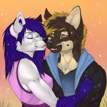  anthro canine clothed clothing duo fangs female fur hair licking male male/female mammal manikanika smile standing tongue tongue_out 