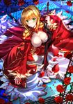  aestus_estus ahoge blonde_hair breasts cleavage dress epaulettes fate/extra fate_(series) flower green_eyes highres holding holding_sword holding_weapon large_breasts looking_down nero_claudius_(fate) nero_claudius_(fate)_(all) petals plant red_dress red_flower red_rose reflection reflective_floor rose short_hair smile solo sword swordsouls thorns vines weapon 