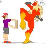  avian big_breasts bird blaziken blue_eyes breasts chicken claws enlish_text female human larger_female male mammal nintendo pok&eacute;mon simple_background size_difference smaller_male video_games zp92 