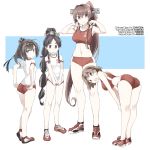  4girls ahoge akizuki_(kantai_collection) alternate_costume black_hair blue_eyes brown_eyes brown_hair buruma character_name cherry_blossoms chiyoda_(kantai_collection) clothes_writing commentary_request flower gym_uniform hachimaki hair_flower hair_ornament hair_tie headband headgear high_ponytail kantai_collection long_hair looking_at_viewer looking_to_the_side midriff multi-tied_hair multiple_girls navel nisshin_(kantai_collection) ponytail red_buruma red_footwear red_ribbon ribbon shoes short_eyebrows short_hair sneakers souji sports_bikini sports_bra standing thick_eyebrows very_long_hair yamato_(kantai_collection) 