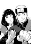  1girl bandaged_arm bandages commentary_request couple forehead_protector greyscale grin hetero holding_hands hyuuga_hinata monochrome naruto:_the_last naruto_(series) satomi_(n-s_freedom) scarf shared_scarf smile uzumaki_naruto whisker_markings 
