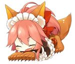  alternate_costume animal_ears apron bell bell_collar chibi closed_eyes collar enmaided fang fate/grand_order fate_(series) fox_ears fox_tail hair_ribbon long_hair lowres maid maid_apron maid_headdress open_mouth paws pink_hair ribbon simple_background solo tail tamamo_(fate)_(all) tamamo_cat_(fate) tougetsu_hajime waist_apron white_background 