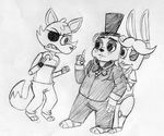  2015 animatronic anthro bear black_and_white bonnie_(fnaf) bow_tie buckteeth canine eye_patch eyewear five_nights_at_freddy&#039;s fox foxy_(fnaf) freddy_(fnaf) group hat hook_hand inkyfrog lagomorph machine male mammal monochrome one_eye_closed rabbit robot simple_background teasing teeth tongue tongue_out top_hat traditional_media_(artwork) video_games white_background 