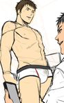  2boys abs bara bulge crotch grin hihumi male_focus multiple_boys muscle phone presenting resfrio smirk stain underwear undressing yaoi 