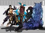  abs animal archer armor black_gloves bug butterfly closed_eyes dark_skin dark_skinned_male emiya_alter facial_hair fate/grand_order fate_(series) formal full_body gloves headless hessian_(fate/grand_order) highres insect james_moriarty_(fate/grand_order) lobo_(fate/grand_order) long_hair looking_at_viewer male_focus multiple_boys muscle mustache ponytail simple_background smile suit tattoo u_5ham0 very_dark_skin white_hair wolf yan_qing_(fate/grand_order) 
