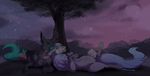  ambiguous_gender black_fur detailed_background duo feline feral fur grass kitchiki lying mammal night outside paws sky smile star starry_sky tree white_fur 
