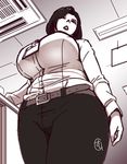  1girl breasts from_below ganto huge_breasts monochrome parted_lips plump solo thick_thighs wide_hips 