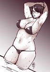  1girl bikini breasts ganto glasses huge_breasts milf monochrome plump wet 