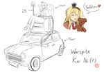  ? bangs blonde_hair blush car closed_eyes collar collared_shirt cosplay couch crossed_legs crown directional_arrow english eyebrows eyebrows_visible_through_hair formal ground_vehicle hair_between_eyes heart holding holding_stuffed_animal kantai_collection mini_cooper mini_crown mop motor_vehicle mr_bean mr_bean_(character) mr_bean_(character)_(cosplay) necktie on_vehicle open_mouth pant_suit parody setia_pradipta shirt sidelocks sitting smile sparkle speech_bubble spoken_heart stuffed_animal stuffed_toy suit teddy_bear warspite_(kantai_collection) 