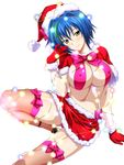  blue_hair bow bowtie breasts capelet cleavage covered_nipples fishnet_legwear fishnets gloves green_hair hair_between_eyes hat head_tilt high_school_dxd highres large_breasts looking_at_viewer miniskirt multicolored_hair panties pink_bow pink_panties red_gloves red_hat red_skirt santa_costume santa_gloves santa_hat short_hair skirt sleeveless smile solo thighhighs transparent_background two-tone_hair underwear xenovia_quarta yellow_eyes 