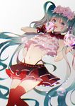  absurdres bless_you_(module) flower green_eyes green_hair hatsune_miku head_wreath highres long_hair midriff navel nisoku_hokou_(vocaloid) project_diva_(series) project_diva_f_2nd red_legwear rose skirt solo thighhighs twintails very_long_hair vocaloid white_background zhibuji_loom 
