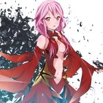  absurdres bare_shoulders black_legwear breasts center_opening cleavage commentary_request detached_sleeves elbow_gloves fingerless_gloves gloves guilty_crown hair_ornament hairclip hanawi_nova highres long_hair medium_breasts navel open_mouth pink_hair red_eyes smile solo twintails yuzuriha_inori 