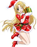  asia_argento belt blonde_hair boots box eyebrows_visible_through_hair gift gift_box gloves green_eyes hat high_heels high_school_dxd highres long_hair looking_at_viewer miniskirt neck_ribbon one_eye_closed open_mouth red_footwear red_hat red_skirt ribbon santa_boots santa_costume santa_hat shiny shiny_skin skirt solo transparent_background very_long_hair white_gloves white_ribbon 